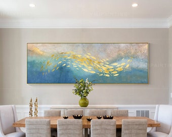 Pintura original de peces koi dorados: arte abstracto azul para pared, pintura de banco de peces, obra de arte subacuática del océano, peces arremolinándose