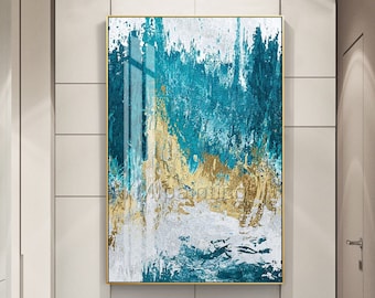 Gold Leaf Abstract Painting: Large Blue Modern Wall Art
