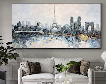 Paris Wall art Eiffel Tower cityscape skyline abstract city art Painting on Canvas original art heavy texture palette knife framed painting