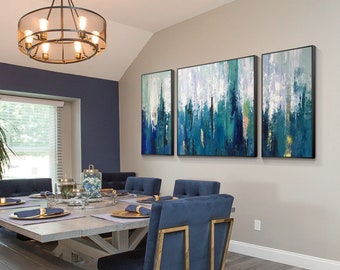 3 piece wall art,original abstract painting set,blue wall art,teal wall art,modern art,large art,green art,wall art set,office art,Ymipaint