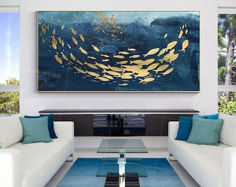 Koi Fish Abstract Gold Ocean Watercolor Original Luxury Acrylic Painting On Canvas Navy Blue large Framed Wall Art Room Decor Ymipainting