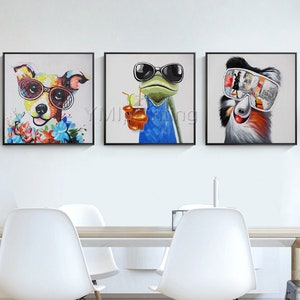 Set of 3 wall art Pet Portrait Dog and frog art Acrylic paintings On Canvas Original framed Wall art Pop Art animal art palette knife
