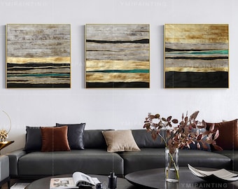 Gold Leaf Painting Set: 3 Piece Framed Abstract Wall Art,set of 3 wall art,modern wall art,framed wall art
