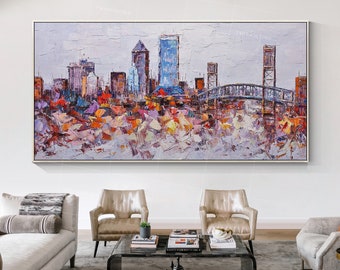 Jacksonville Florida Skyline Wall Art city oil painting on canvas original art framed painting abstract Palette knife heavy texture