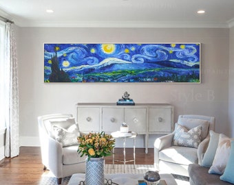 Starry Night Painting,Vincent van gogh Impression Art oil painting,framed art,impasto heavy texture,large wall art,long wall art,Ymipaint