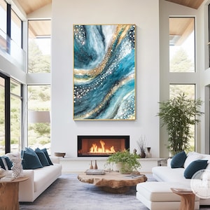 Original Turquoise Resin Art: Glam Geode Painting with Pearl