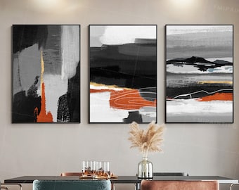幾何学的なゴールドアート絵画：ブラック＆オレンジの抽象的な