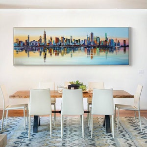 Chicago Paintings On Cavas Illinois Skyline Colorful Citys Texture Palette Kinfe Abstract Long Framed Wall Art Living Room Ymipainting