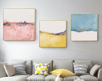 Set of 3 wall art Coral Pink framed painting abstract mountain teal bule abstract painting Original paintings on canvas 3 pieces wall art