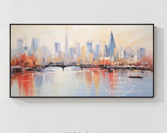 Original London Skyline Painting Framed,Large London Art Blue Orange Canvas Art,Living room wall art,office wall art,horizontal Wall art