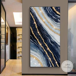 Luxus 3D Harz Kunst Gemälde: Gold Navy Geode mit Kristallen, Übergroße Wandkunst, Wohnzimmer Dekor, Gerahmte Wandkunst, Housewarming Geschenke