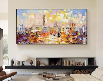 Washington DC Skyline Painting Red Black Cityscape Wall Art, Palette Knife Texture Canvas, Modern Urban Landscape Decor,Housewarming Gifts