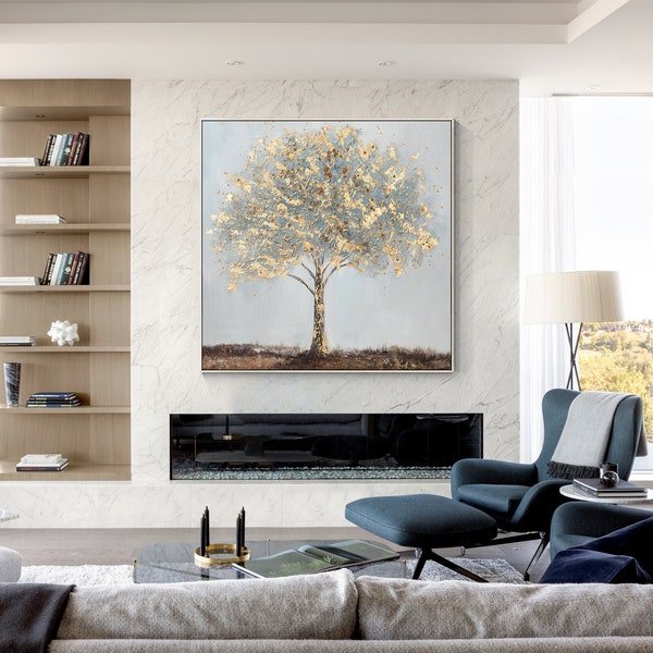 Gold tree painting original,gold leaf tree art,gold tree canvas,painting tree of life,tree wall art,large tree of life painting,Ymipainting