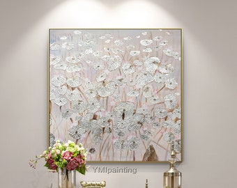 Pintura de nenúfares con hojas plateadas: Arte abstracto floral en acrílico, lienzo enmarcado.