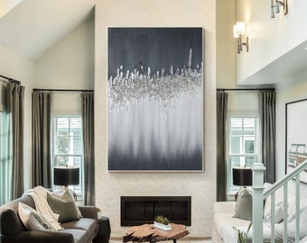 Original Crushed Glass Art: Black Silver Glitter Glam Decor