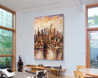 Oryginalny obraz impasto z Mostem Brooklińskim: Oprawiona sztuka ścienna z panoramą Nowego Jorku, Sztuka ścienna miasta
