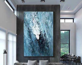 Heavy Textured Teal Abstract Painting: Modern Vertical Wall Art