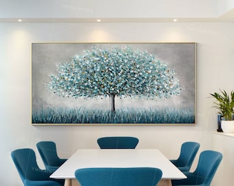 Teal Blue Tree Painting: Original Framed Forest Wall Art