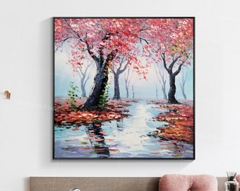 Framed wall art Abstract floral painting knife Original pink painting heavy texture Landscape Painting on Canvas tree painting Wall Pictures