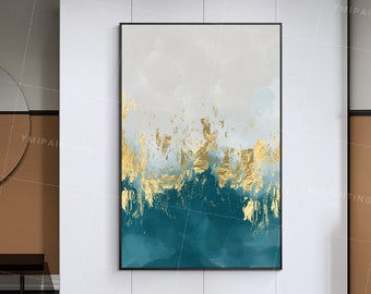 Framed wall art Gold leaf Abstract acrylic paintings on canvas sea waves teal blue painting seascape painting Large wall art