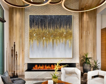 Original Gold Glitter Crushed Glass Painting: Glam Canvas Wall Art