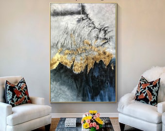 Large abstract Gold leaf Moutain painting framed wall art paintings on canvas acrylic black navy blue painting Ymipainting wall pictures