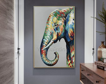 Palette Knife Elephant Painting: Colorful Impasto Framed Canvas Art