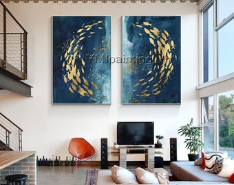 Fish painting ocean Sea Navy blue Gold Framed wall art Set of 2 wall art abstract painting ymipainting 2 piece wall art original art texture