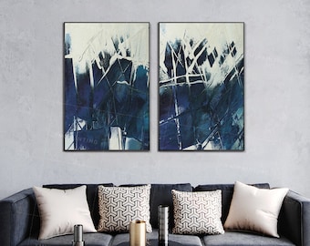 Set of 2 wall art Ymipainting Navy blue 2 piece wall art geometric framed painting abstract paintings on canvas original