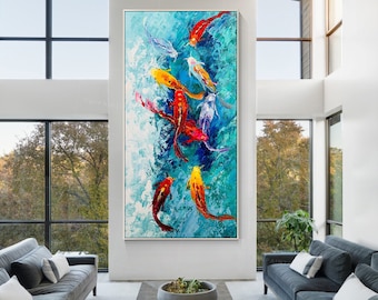 Koi fish art,Colorful Teal Art Fishes,Large painting,Framed wall art,Original Feng Shui Abstract art,knife paintings on Canvas Ymipainting