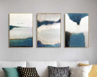 Framed Abstract Seascape Painting: Gray Blue Bird Art, Set of 3,triptych wall art,living room wall art,horizontal wall art