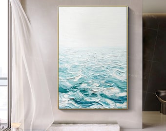 Teal wall art Framed Acrylic painting palette knife sea painting on canvas original texture painting ocean wave blue extra large wall art