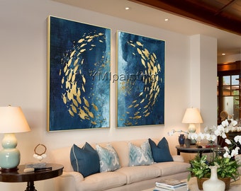 School fish painting,2 piece wall art,abstract painting,gold fish painting,navy blue and gold wall art,fish wall art,Ymipaint,koi painting