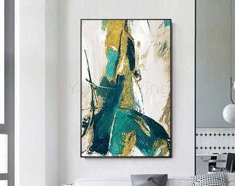 Framed wall art Gold Leaf Acrylic Abstract Paintings On Canvas green original art extra Large painting wall pictures