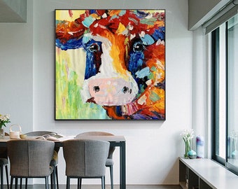 Cow paintings on Canvas Framed Wall art farm animal painting Cow art Original impasto painting heavy texture palette knife colorful painting