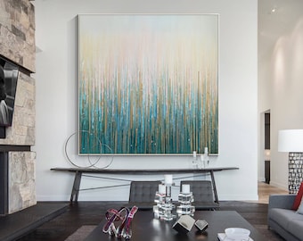 Teal Blue Abstract Acrylic Painting: Textured Modern Wall Art