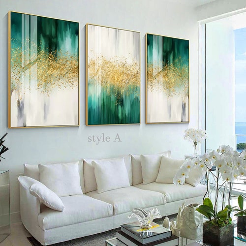 Set Of 3 Wall Art Gold Glitters Emerald Green Luxury Painting - Gold Wall Art Ideas