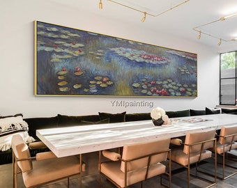 Monet painting,Water lilies lotus,oil painting,canvas art,claude monet,flower painting,large framed art,flower art,long wall art,water lily