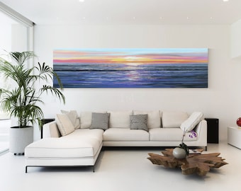 Long Blue beach abstract painting,beach abstract painting,textured painting framed,long sunset painting,long narrow horizontal art,Ymipint