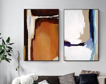 Set of 2 wall art abstract geometric Ymipainting painting 2 piece wall art orange black framed paintings on canvas original art
