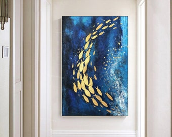 Gold fish painting,school fish art,navy blue wall art,blue gold painting,abstract painting,large art,ocean painting,textured art,Ymipaint