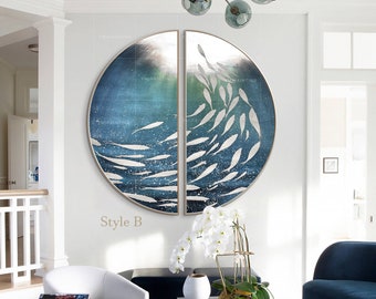 School of fish wall art,round paintings,set of 2 paintings,paintings on canvas,fish art,sea painting,gold fish art,sea wall art,Ymipainting