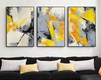 Set of 3 Wall Art framed painting grey art mustard painting 3 pieces wall art Abstract acrylic paintings on canvas original art