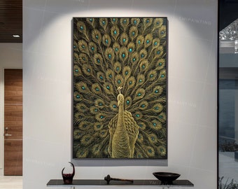 Abstract peacock decor canvas painting Gold line art Animal acrylic knife scrape painting on canvas original art Wall Pictures Home Decor