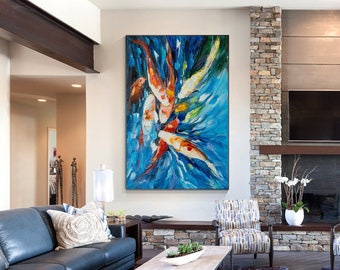 Pintura acrílica original de pez koi: gran lienzo con diseño de océano azul y pintura Feng Shui.