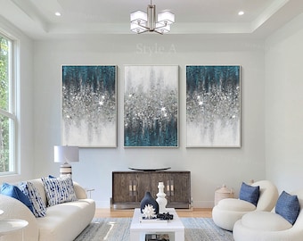Glitter painting,Large 3 piece wall art,,Crushed glass blue teal wall art,Silver glitter wall art,Minimalistisch,Bedroom wall art,Ymipaint