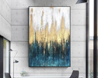 Large Abstract Teal Painting: Gold Leaf Heavy Texture Art