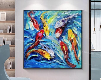 Pintura de pez koi enmarcada: pintura al óleo original empastada sobre lienzo, arte mural Feng Shui