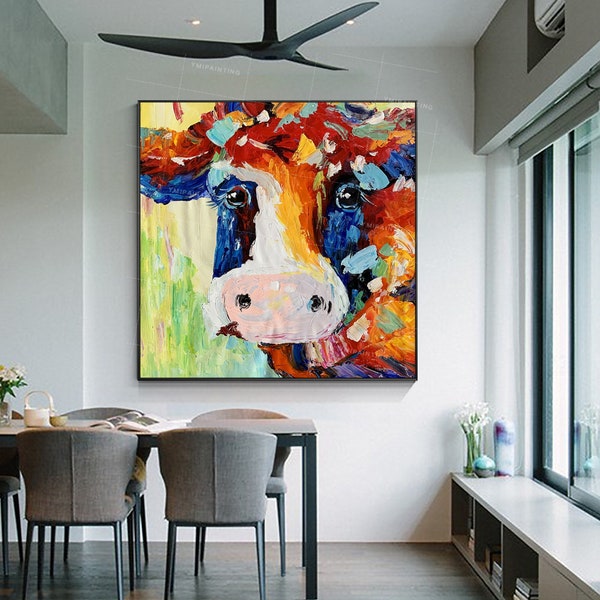 Peintures de vaches sur toile EncadréEs Art mural ferme peinture d’animaux Art de vache Impasto original peinture lourde texture palette couteau peinture colorée