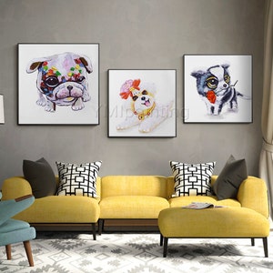 Set of 3 wall art puppy Dog Pet Portrait framed Wall art Pop Art animal art palette knife Acrylic paintings On Canvas Original painting